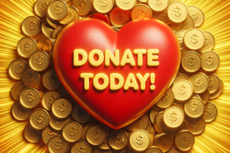 Heart-shaped donation call-to-action, surrounded by golden coins, promoting generosity for a recovery society.