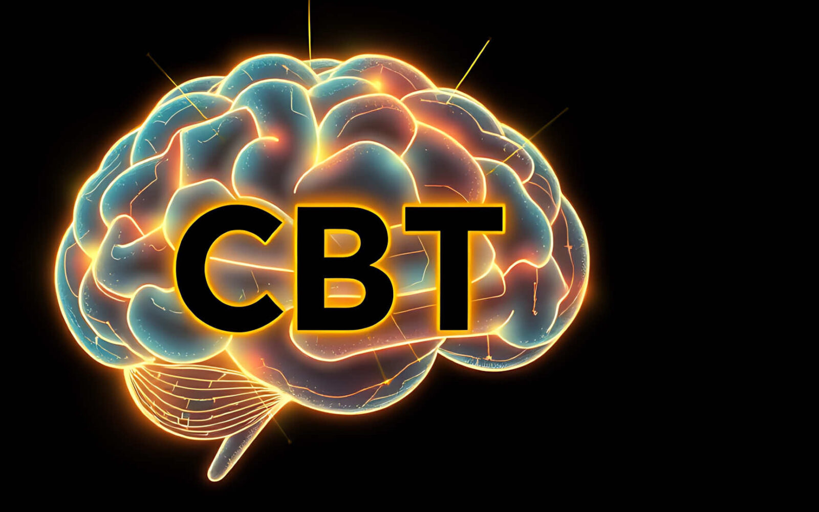 Illustration of a human brain with vibrant, glowing neural pathways, featuring the letters ‘CBT’ prominently in the center.