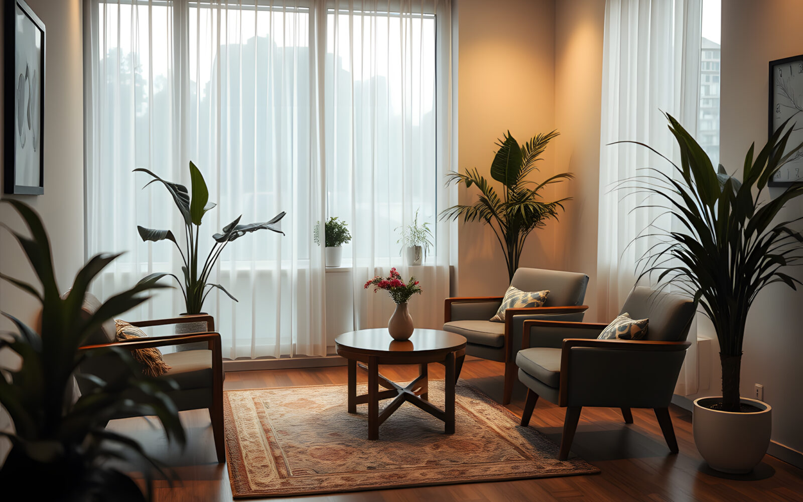 A cozy counselling office with comfortable chairs and a calm, inviting atmosphere.