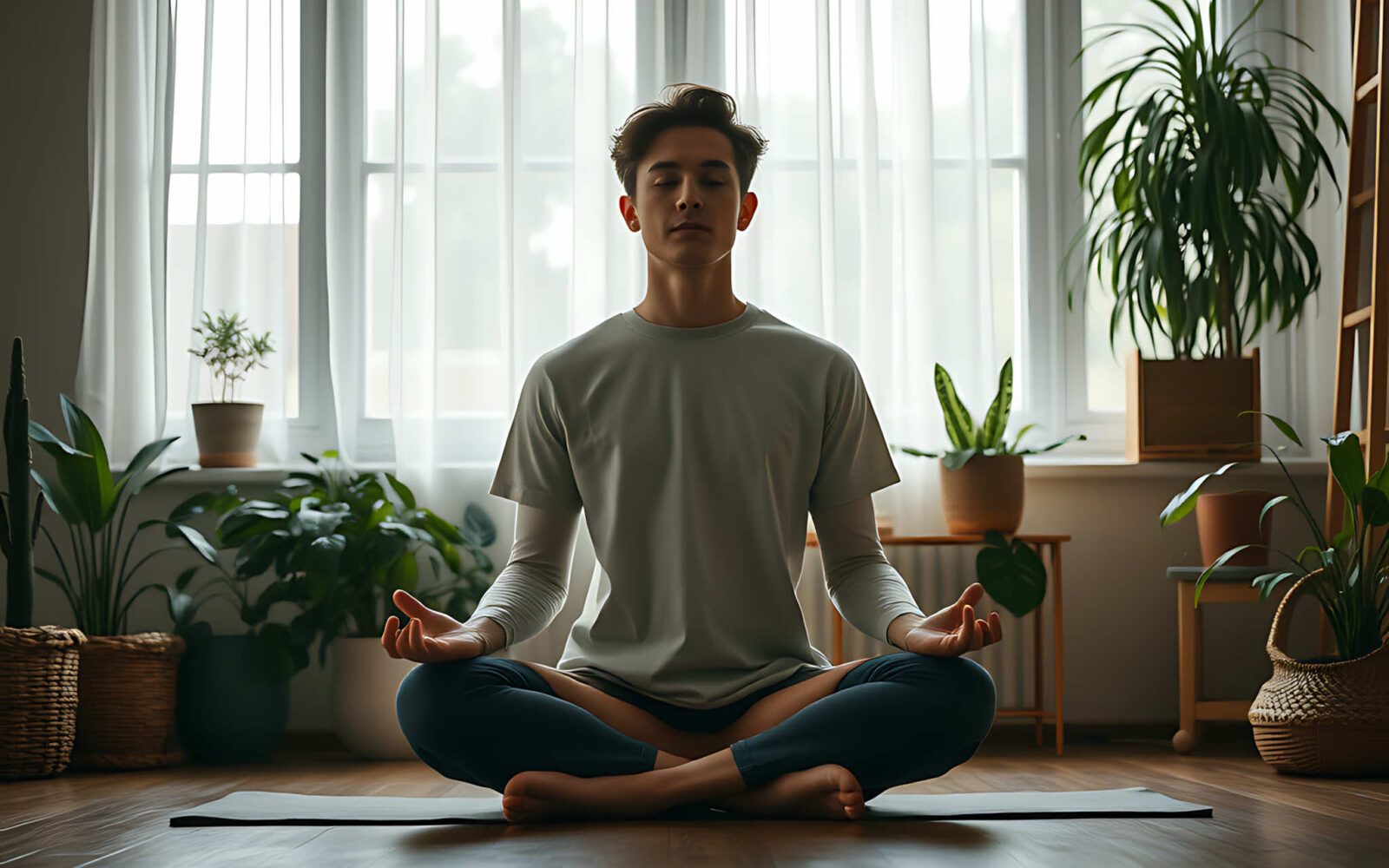 A young man practicing mindfulness meditation in a serene, sunlit room surrounded by green plants.