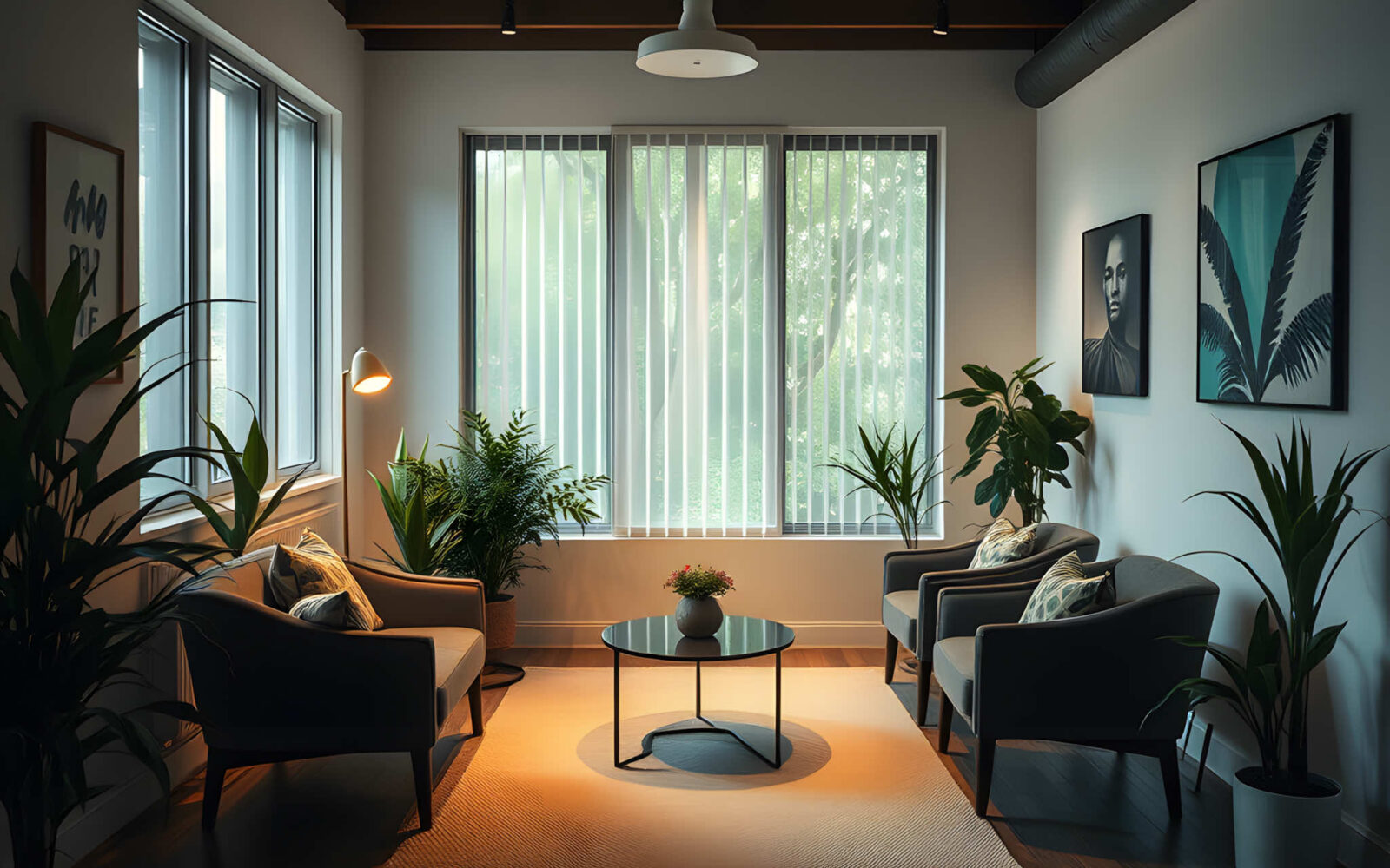 A tranquil counselling room with comfortable seating and natural light at Last Door Recovery Centre.
