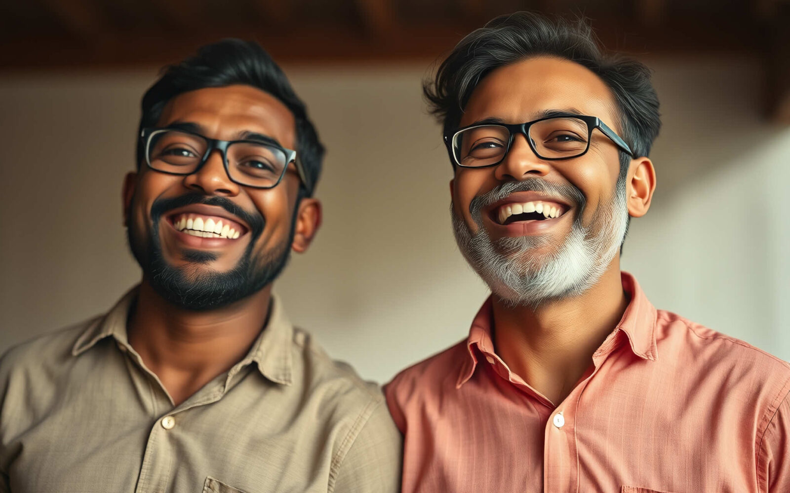 Two smiling men with glasses, one with a beard, standing close together in a warm, well-lit room, representing a positive and supportive atmosphere on an overcoming alcohol addiction page.