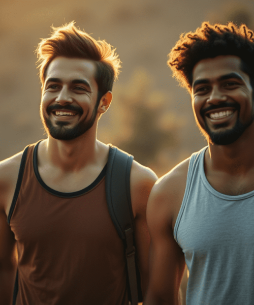 Two happy men smiling outdoors, carrying backpacks on a sunny day.